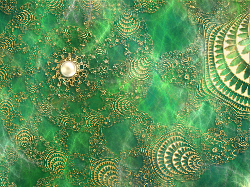 Fractals combined to create green light patterns on the sea floor, overlaid with ornate gold spirals and a single pearl. The fractals were created in Apophysis and Xaos.