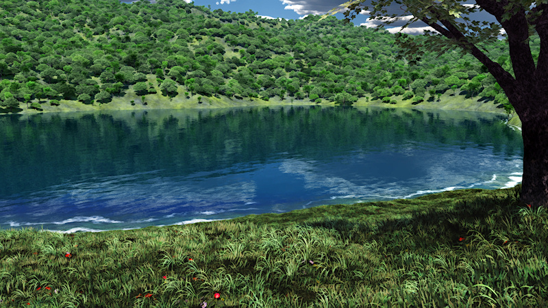 A quiet place to rest, under a tree on the grassy bank of a deep blue lake, looking at the reflections of clouds and trees in the rippling water. A 3D scene created in Vue.