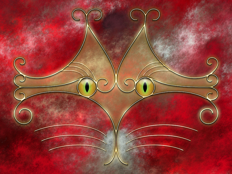A stylized cat face made of glowing gold curves and curlicues, with wide green-gold eyes, against a red fractal background.