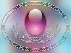 A pastel blue, lavender, and pink design with a translucent pink egg in a silver filigree setting, circled by a light silver oval frame set with four ...