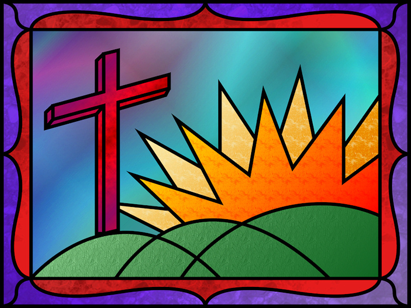 A stained-glass design illustrating Easter morning, with a red cross standing on green hills beside a fiery sunrise.