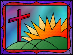 A stained-glass design illustrating Easter morning, with a red cross standing on green hills beside a fiery sunrise....