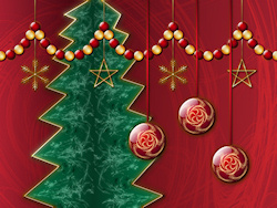 Layers of fractals make up this stylized Christmas design. A muted red backdrop, a spiky green tree, gold stars and snowflakes hanging from a strand o...