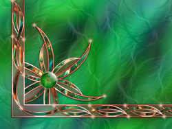 An abstract work in bright green and copper. A clear green gem is surrounded by copper-edged blades of grass accented with sparkling emeralds and oran...