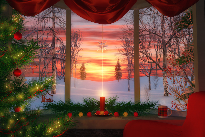 Sitting by the Christmas tree looking out the window on a snowy landscape watching the sunrise on Christmas morning.
