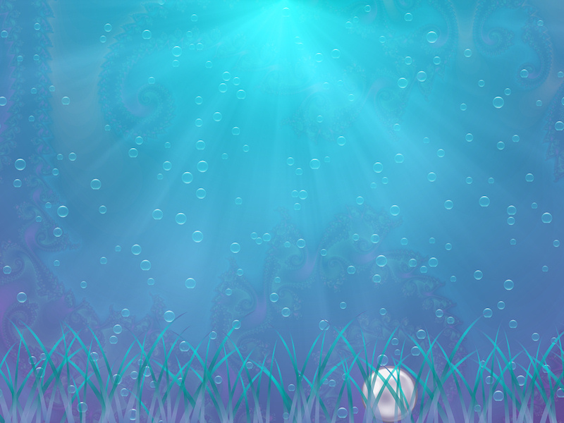 A digital underwater illustration showing rays of sunlight streaming down through blue-green water full of bubbles. Hidden in the lavender-green weeds on the ocean floor is a single pearl - a solitary treasure of the sea.