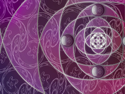 A stained-glass-like design of silver spirals and shades of plum, over a repeating backdrop of spiral fractals. The silver spirals converge into a sil...