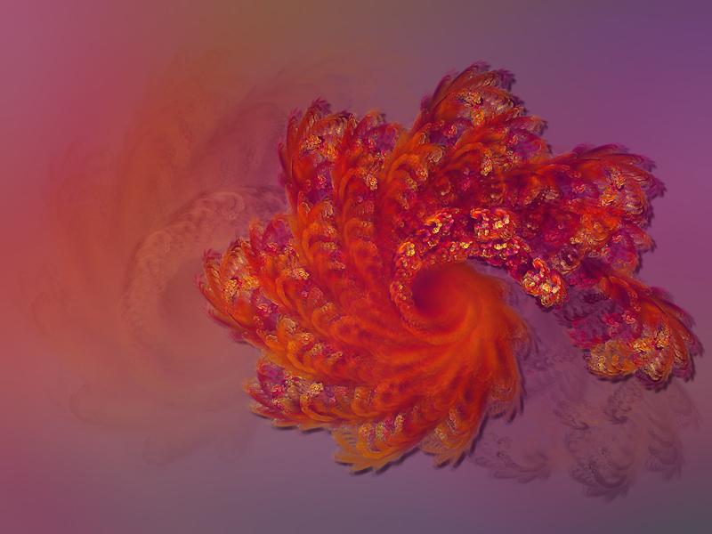 A repeated fractal pattern like the flaming feathers of the mythical firebird. Swirls of vivid orange, purple, and gold against a muted lavender and pale orange and pink backdrop.