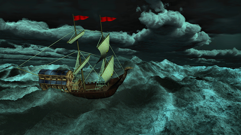 A 3D seascape created in Vue, depicting a small sailing ship with red flags on a storm-tossed sea. The billows are lit with an eerie blue-green light, and the dark clouds above threaten further danger to the ship.