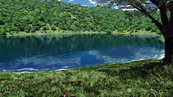A quiet place to rest, under a tree on the grassy bank of a deep blue lake, looking at the reflections of clouds and trees in the rippling water. A 3D...