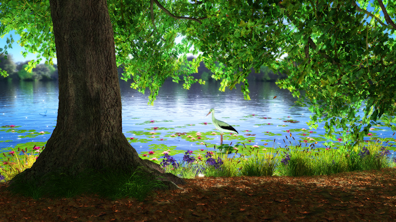 A peaceful summer afternoon beside a still lake, looking out from beneath the shade of a red maple tree with its branches and green leaves overshadowing the water's edge. Water lilies float on the shining surface, and a stork stands motionless in the water, while dragonflies and butterflies dance among the irises and cattails lining the bank. Sunlight glints and sparkles off the little ripples out in the lake.