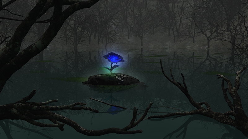 A dark, still pond surrounded by leafless trees. On a rock in the middle of the water, a single, glowing, blue rose. 'The blue rose means mystery. An appreciation for the enigmatic, the inexplicable is expressed by the blue rose. A tantalizing vision that cannot be totally pinned down, a mystery that cannot be fully unraveled is the blue rose.' 'Due to the absence in nature of blue roses they traditionally signify a mystery, or attaining the impossible, or never ending quest for the impossible. They are believed to be able to grant the owner youth or grant wishes.'