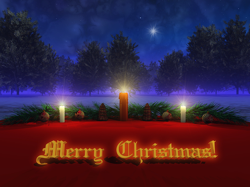 A 3D Christmas scene created in Vue, with candles set on red in front of pine garland accented with red and gold ornaments. In the snowy background are blue-green fir trees against a swirling fractal sky sprinkled with stars. A single sparkling star dominates the night sky. In front of the holiday decorations is a glowing gold Merry Christmas greeting.