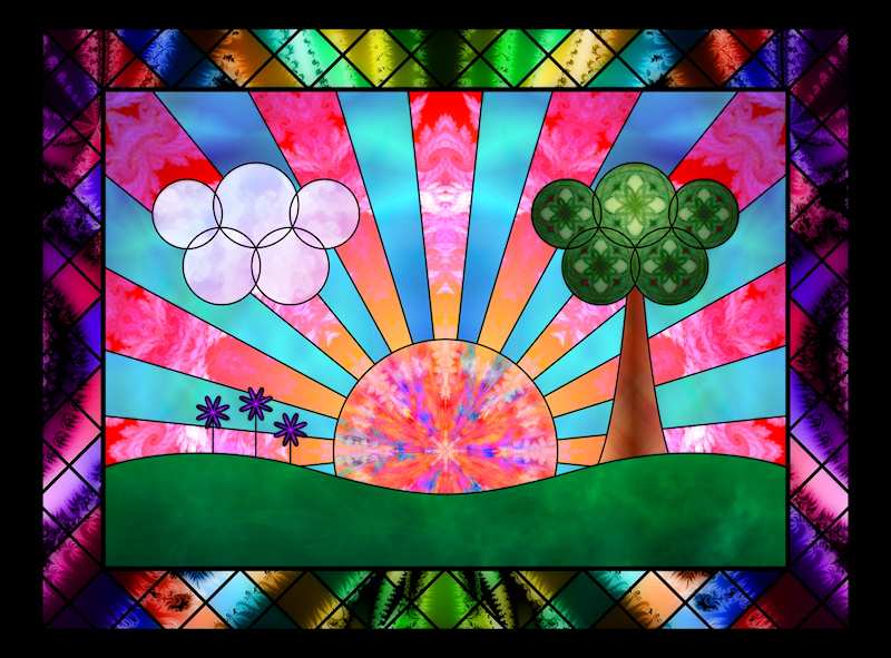 A digital stained-glass design in the Art Deco style popular in the 20th century. The widely-used sunburst motif is central, rising behind a green landscape balanced by a tree on one side and clouds and flowers on the other. Geometric shapes are used to emphasize the symmetry of the scene, with both the tree and clouds made of overlapping circles. Various brightly colored fractals give the 'glass' texture and interest. The scene is framed in black ironwork and diamond-shaped blocks frosted with dark but vivid fractal patterns.
