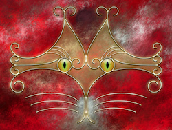 A stylized cat face made of glowing gold curves and curlicues, with wide green-gold eyes, against a red fractal background....