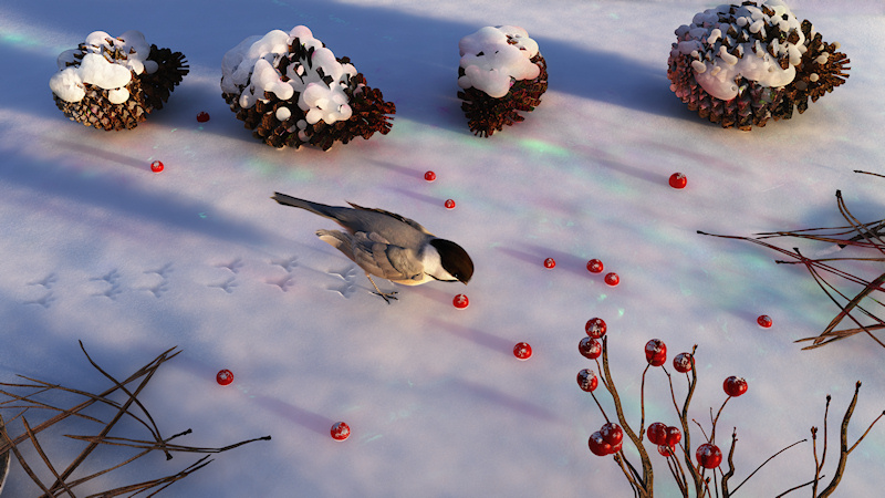 On an icy winter morning a lone chickadee hops through the snow among the fallen pine cones, feasting on the bright red berries on the ground.