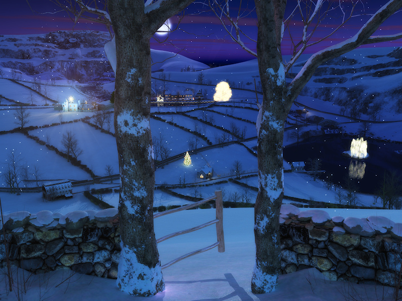 A winter night, looking over a gate flanked by two trees down into a snow-covered glen between rocky hills, filled with little farms and hedgerows and stone walls. A warm glow shines from many windows, Christmas lights sparkle on trees and fences, and a Christmas star beams from the roof of a manor house, all under the rays of a full moon.