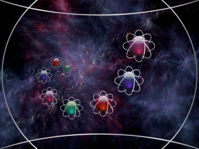 An illustration of infinity, crossing the universe to combine the microscopic and the telescopic in a rainbow display of shapes and colors. A column of multi-colored atoms of blue, pink, red, and green circled by silver rings, spiraling across outer space against a backdrop of colorful fractal galaxies.