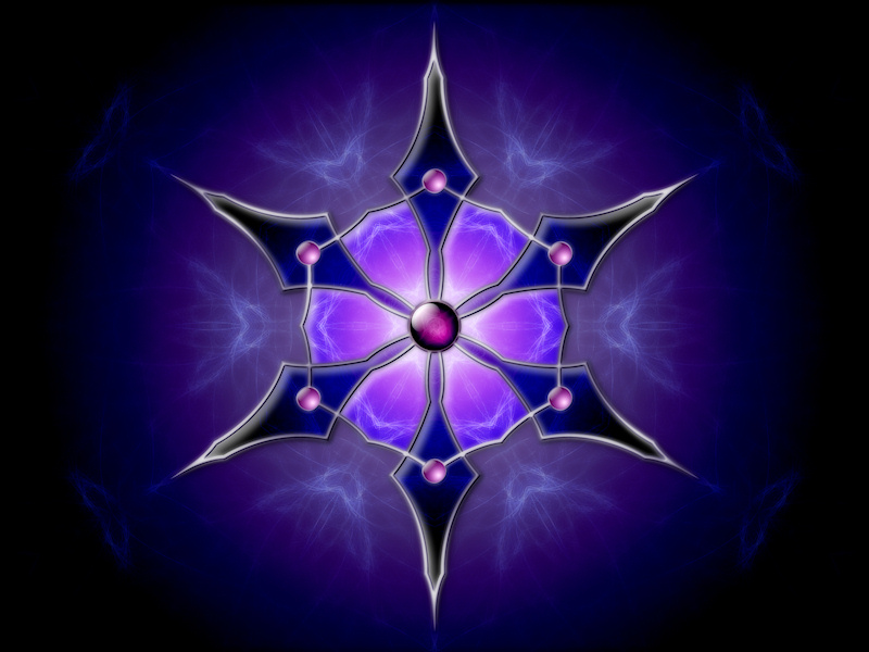 This chilly abstract was created from an Apophysis fractal turned into a six-pointed kaleidoscope. The design is overlaid with a silver-framed snowflake with inlaid deep blue, purple, and lavender set with round soft pink gems and accented with a deep pink jewel in the center. The whole piece gives the effect of a soft, snowy light shining through a the black and midnight blue of a dark winter night.