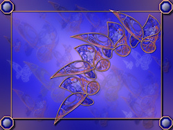 A flutter of sapphire, copper, and white fractals in the shape of butterflies dance across a royal blue background, overlaid with copper framing and s...