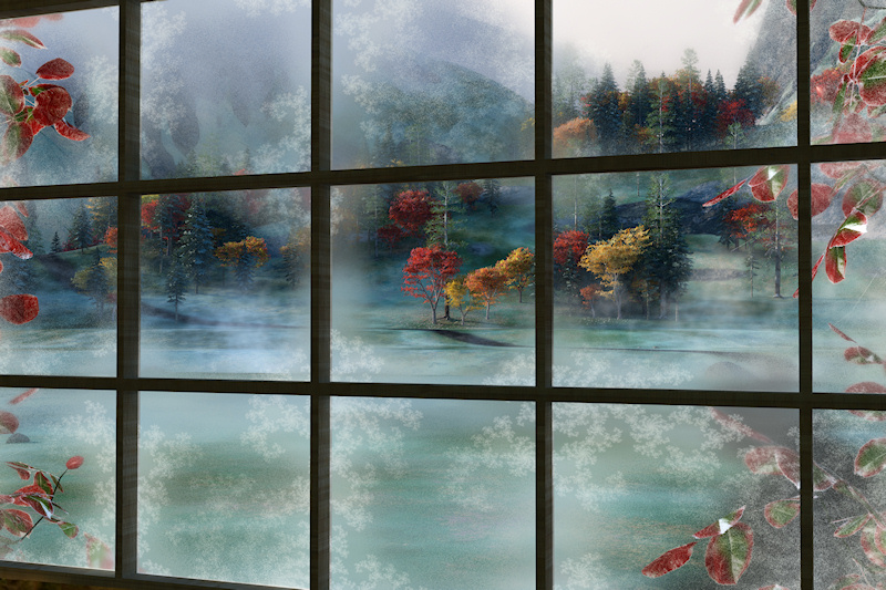 A chilly autumn landscape viewed through a frosted window early one morning. Fir and pine trees with ice whitening their needles, maples in shades of red, orange, and yellow, frost-whitened grass seen through the fog rising from a hidden stream. Flanking the window on either side are red-and-green rose leaves.