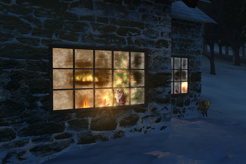 Looking in the cottage windows on a frosty winter night just before Christmas. Bright red candles are alight, sending a warm glow out over the snow. The Christmas tree and mantle are decorated with crimson and gold balls. A calico cats looks out the window at a chickadee sitting outside on the sill, and a pair of foxes peep around the corner of the little house.