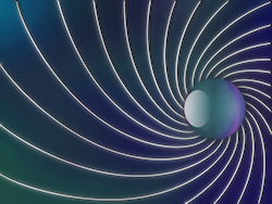 Silver spirals spin through the ocean depths and converge behind a smooth blue, purple, and green gem....