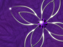 Against a abstract kaleidoscope background of soft apophysis fractals is a four-petaled flower of silver filigree, with a sparkling amethyst in the ce...