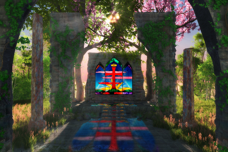 An old stone church stands in ruins amid the grass and flowers of a sunny hilltop, but the stained glass window still colors the morning light with the design of a red cross against a bright sunrise. The old stone arches are broken, but the boughs of blossoming trees frame the window.