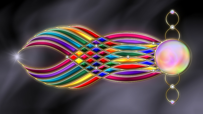 A brilliantly-colored flowing abstract framed in gold and studded with diamonds and pearls. Sinuous glowing streams of red, yellow, green, blue, purple, and pink curve smoothly, crisscrossing from one great pearl down to the tip, accented at the end by a starburst. This rainbow design is laid against a background of black silk.