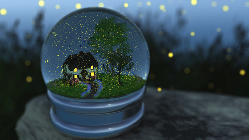 Inside a 'snow globe' is a summer landscape with a cottage overshadowed by maple and cherry trees. The surrounding grassy field is filled with lilies and wildflowers in bright colors. Roses and ivy climb the wall of the little house. It's an evening in early summer, and the lights of a thousand fireflies fill the globe, while the warm beams from inside the cottage light up the surrounding landscape.