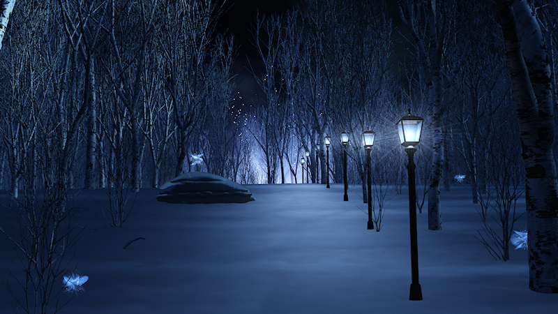 A snow-covered path meandering through the birch forest on a dark winter night. The way is lined with lampposts giving off a silvery blue glow, but in the shadows are bright, mesmerizing shapes like little fairy lights, luring the traveler off the trail. In the distance the lavender glow of some mysterious forest gathering lights up the cold sky.