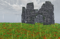 A 3D scene created in Vue, depicting the site of an ancient battle, with only the crumbling ruins of a medieval stone tower and red flowers in the gra...