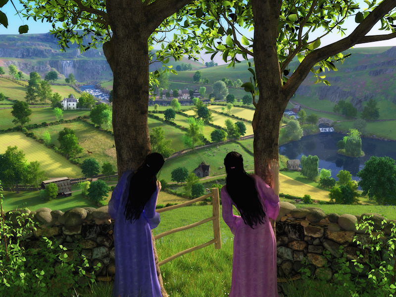 Twin young ladies peer out from behind two trees down into a lush green glen between rocky hills, filled with little farms and hedgerows and stone walls and watered by a sparkling stream that cascades down the hills.