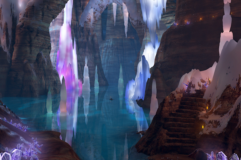 Cool moonlight streams into immeasurable halls, filled with an everlasting music of water that tinkles into pools. Gems and crystals and veins of precious ore glint in the polished walls, reflecting the light of torches following stairs and ledges throughout the caverns.