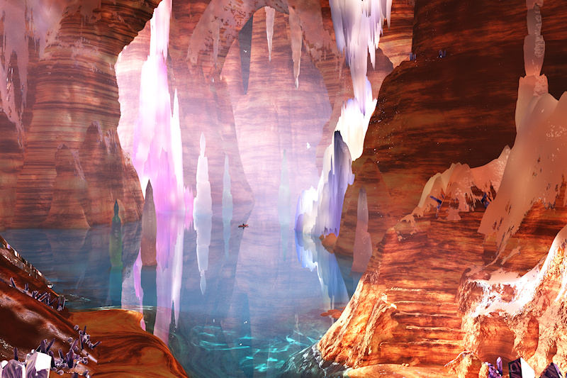 Warm sunlight streams into immeasurable halls, filled with an everlasting music of water that tinkles into pools. Gems and crystals and veins of precious ore glint in the polished walls.