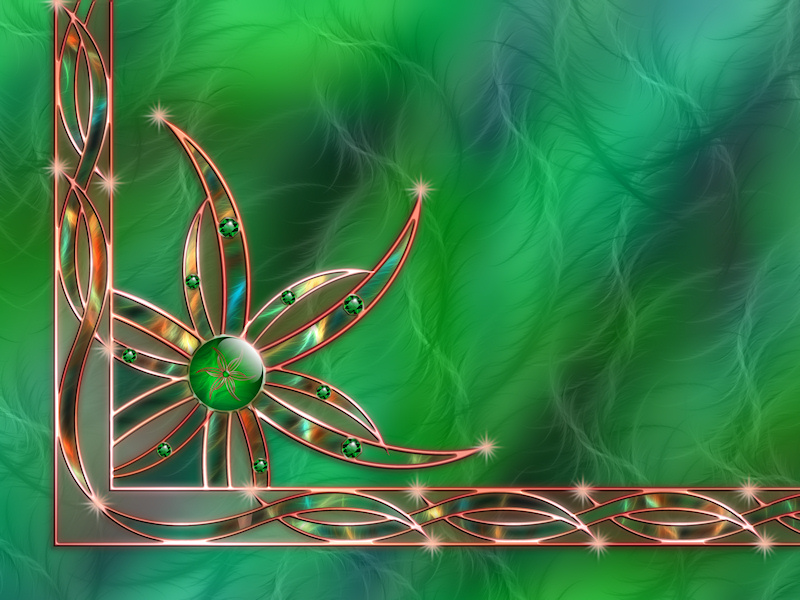 An abstract work in bright green and copper. A clear green gem is surrounded by copper-edged blades of grass accented with sparkling emeralds and orange starbursts. The waving, curving fractals in the background appear in deeper green, brown, and orange inside the copper filigree of the leaf motif.
