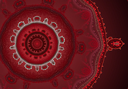 An ornate circular fractal of deep red and silver, like a crown studded with gems....