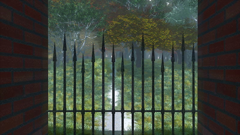 A 3D landscape in early autumn, depicting a path wandering up through the grass into a misty forest of old and gnarled trees. But the overgrown pathway is barred by a gate of black iron spikes between dark brick walls.