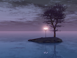A 3D fantasy scene created in Vue: on a lonely island in the midst of the peaceful sea stands a lamppost with four pale pink glowing lamps. A lone tre...