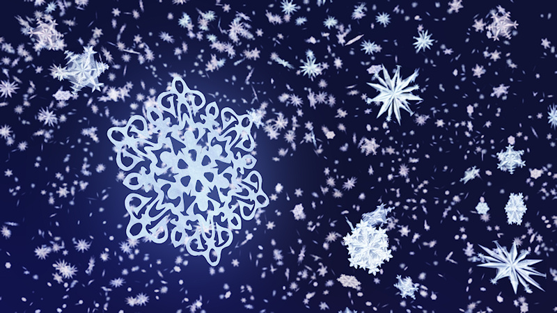 A 3D close-up of a snowflake against a background of falling flakes in a dark winter night sky.