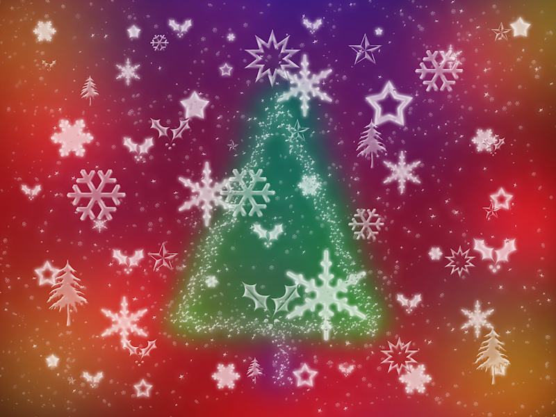 A scattering of white snowflakes, holly leaves and berries, stars, and pine trees against a glowing background of red, orange, gold, and purple, with a soft green Christmas tree shape in the middle.