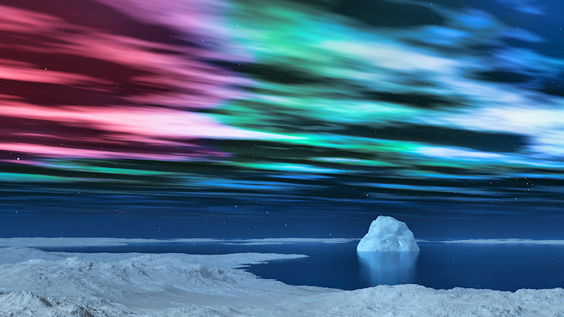 In the bay of a frozen land a great iceberg floats in the cold blue sea. Snowflakes and stars speckle the scene, and in the sky overhead the aurora glows in shades of pink, lavender, green, and blue.