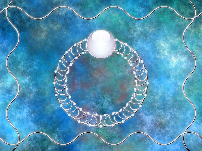 An ornate, stylized silver filigree ring studded with cloudy-white pearls and set with a single round white gem with a star glancing from its depths, set against a backdrop of watery blue fractals.