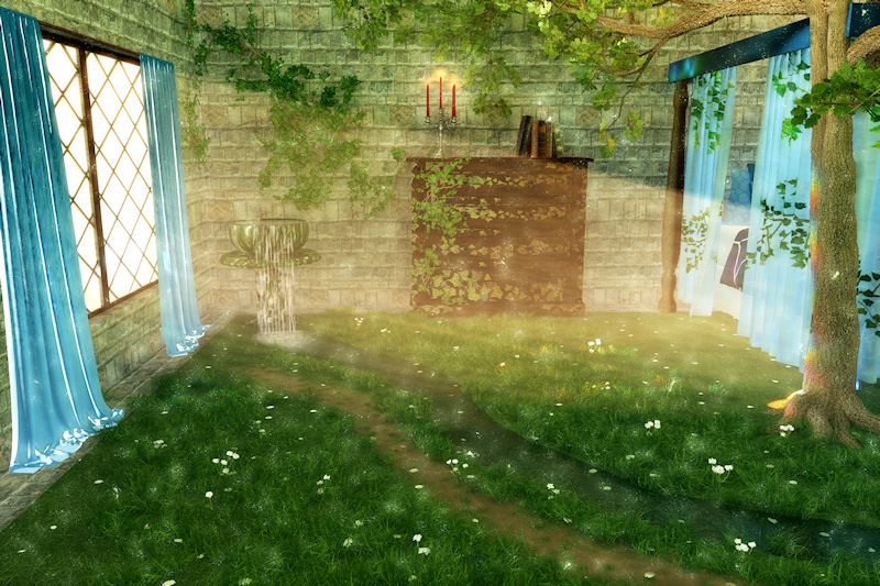 Curtains of pale blue silk fell like a cataract over the windows. A large green marble basin was overflowing like a spring; and that a stream of clear water was running over the carpet. And where this carpet, which I had myself designed to imitate a field of grass and daisies, bordered the course of the little stream, the grass-blades and daisies seemed to wave in a tiny breeze that followed the water’s flow. I saw that the branches and leaves designed upon the curtains of my bed were slightly in motion. I found myself under the boughs of a great tree, whose top waved in the golden stream of the sunrise with many interchanging lights. Faint traces of a footpath, much overgrown with grass and moss, were discernible along the right bank.' - Phantastes, by George MacDonald