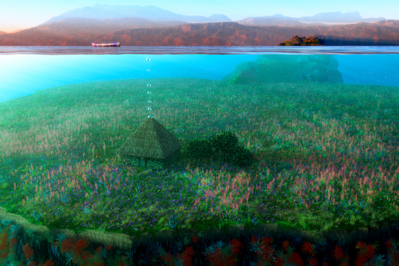 'I found that my boat was floating motionless by the grassy shore of a little island. The water was deep to the very edge; and I sprang from the little boat upon a soft grassy turf. The cottage was square, with low walls, and a high pyramidal roof. It had no windows that I could see; but there was a door in the centre of the side facing me, up to which I went … She took my hand, and led me through the third door; whereupon I found myself standing in the deep grassy turf on which I had landed from the little boat, but upon the opposite side of the cottage. She pointed out the direction I must take, to find the isthmus and escape the rising waters. I had not gone very far before I felt that the turf beneath my feet was soaked with the rising waters. But I reached the isthmus in safety.