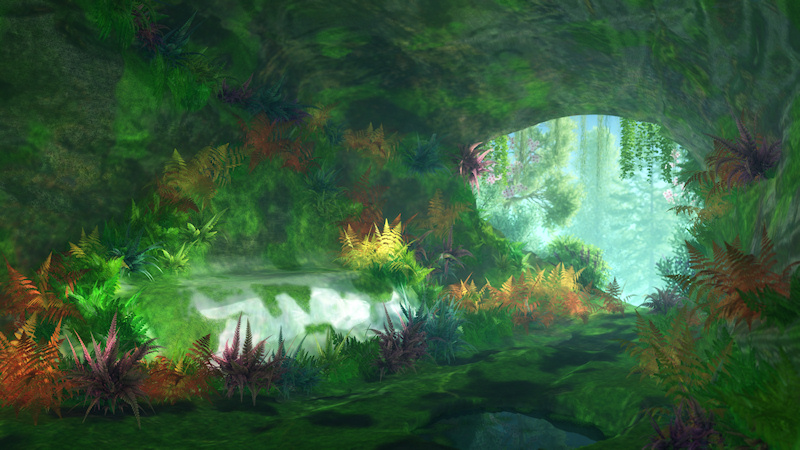 An opening in the rock, into which the path appeared to lead. A rocky cell, all the angles rounded away with rich moss, and every ledge and projection crowded with lovely ferns. A little well of the clearest water filled a mossy hollow in one corner... I took my knife and removed the moss from a part of the block on which I had been lying... I saw before me with sufficient plainness—though at the same time with considerable indistinctness—a block of pure alabaster enclosing the form, apparently in marble, of a reposing woman. She lay on one side, with her hand under her cheek, and her face towards me.'- Phantastes, by George MacDonald