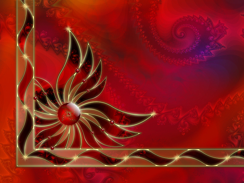 An abstract work in fiery red and gold. A clear red gem is surrounded by gold-edged flames accented with sparkling rubies and yellow starbursts. The swirling, spiraling fractals in the background appear in deeper colors inside the gold filigree of the flame motif.