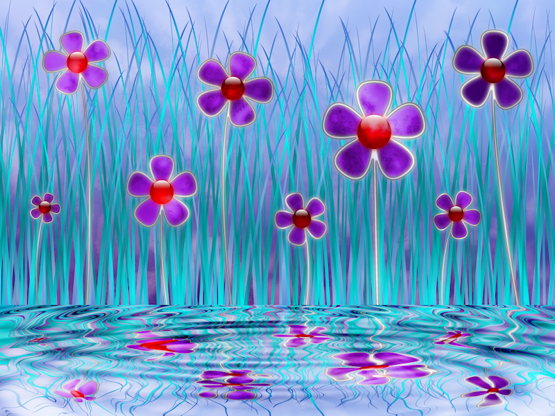 A digital drawing of cute stylized purple flowers with shining red centers. They're peering quizzically at you from the tall grass beside a pool of clear rippling water.