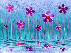 A digital drawing of cute stylized purple flowers with shining red centers. They're peering quizzically at you from the tall grass beside a pool of cl...